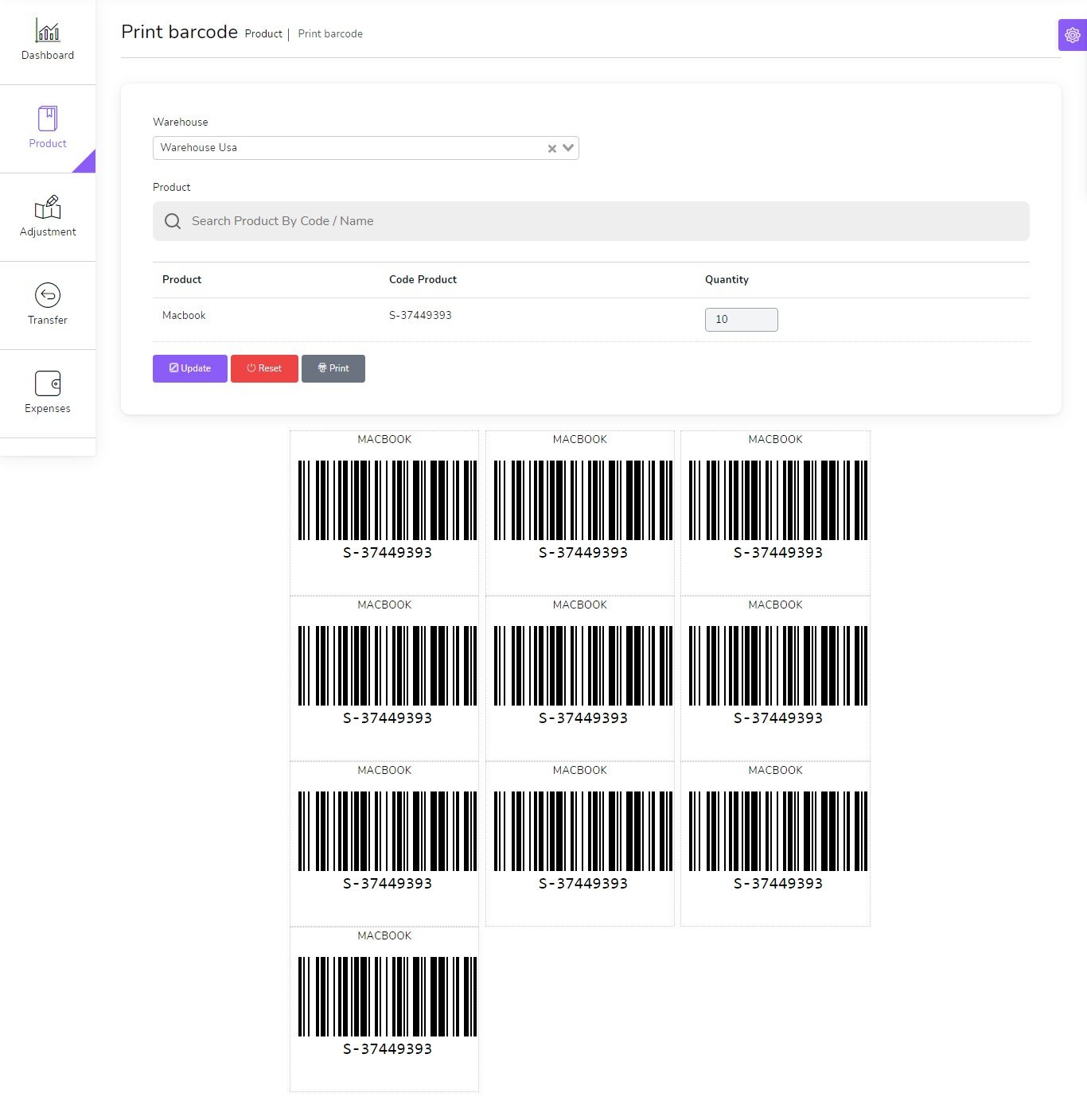 Barcode Print Screenshot